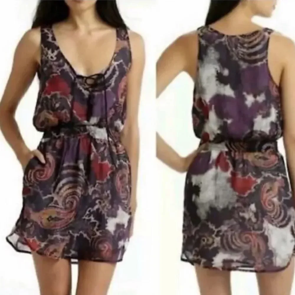 Free People Falling for Georgette Lace Up Dress Size small purple paisley